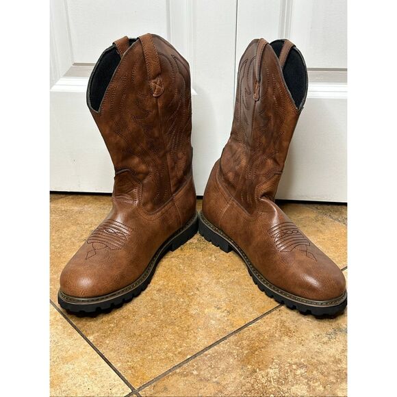 Mens Brown Fashion Western Boots Classic Embroidered Pull On Slip Resistant Cowb - Picture 2 of 9